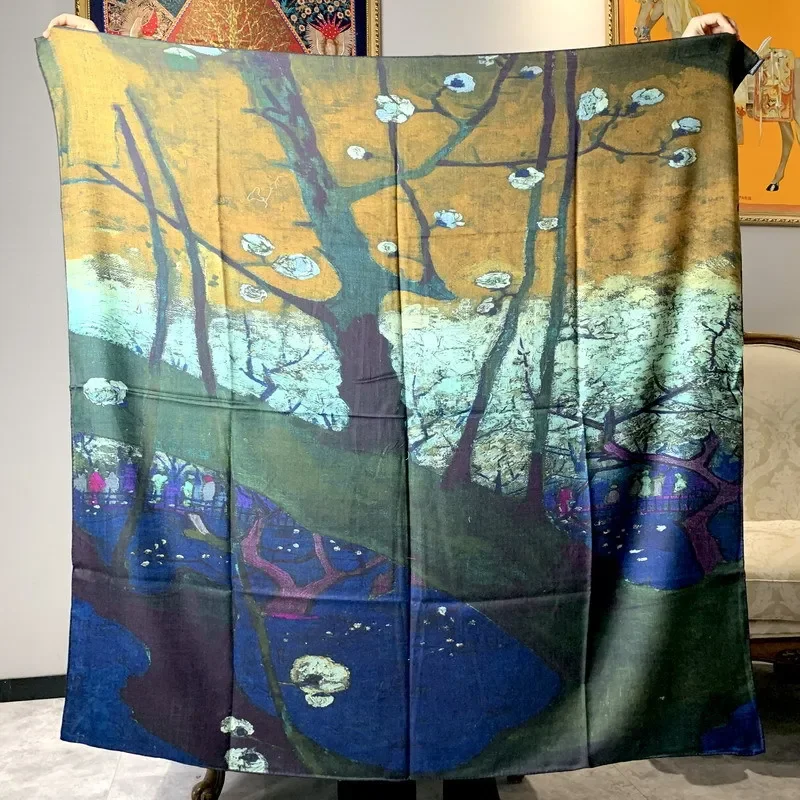 High-end Elegant Women Fashion Van Gogh Art Oil Painting Double-sided Print Quality Silk Wool Handrolled Edge Large Scarf Shawls