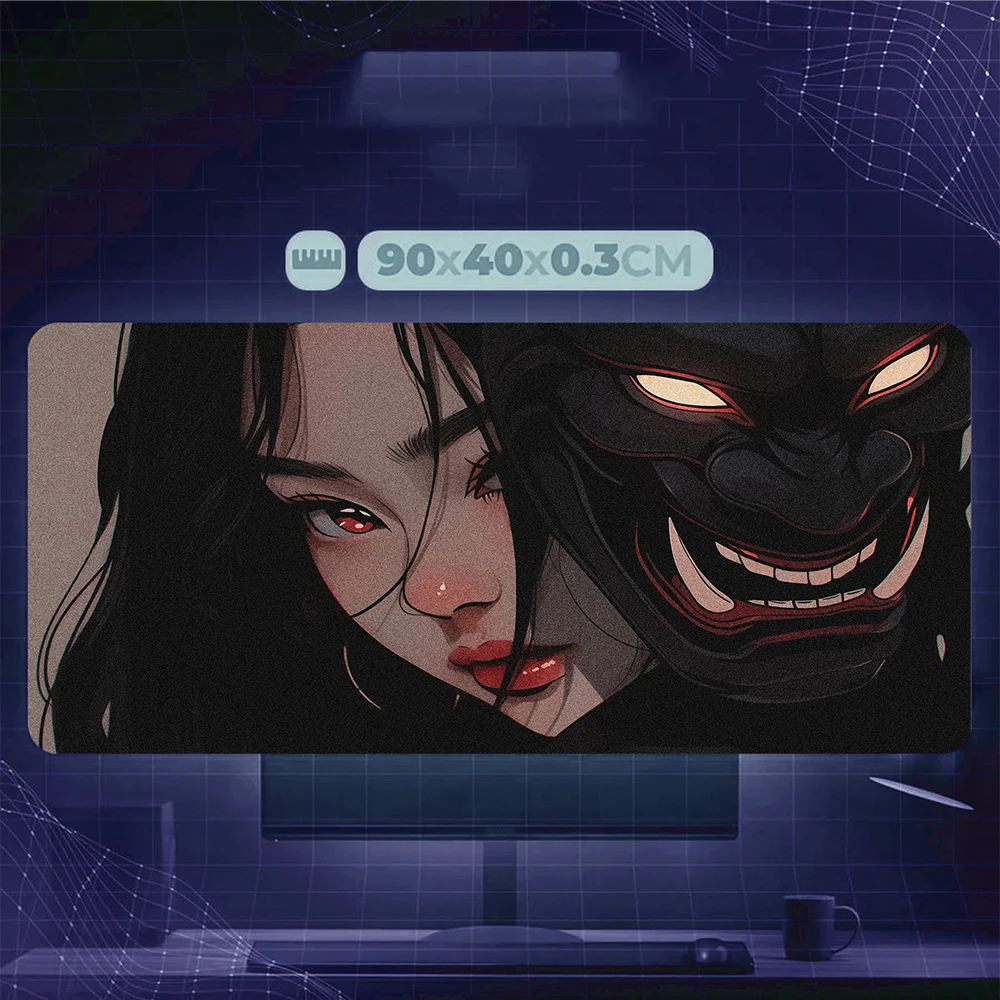 오니 마스크 소녀 마우스 패드 일본 스타일 마우스 패드 블랙 애니메이션 소녀 책상 액세서리 사무실 플레이매트 게이밍 마우스 매트 컴퓨터 매트