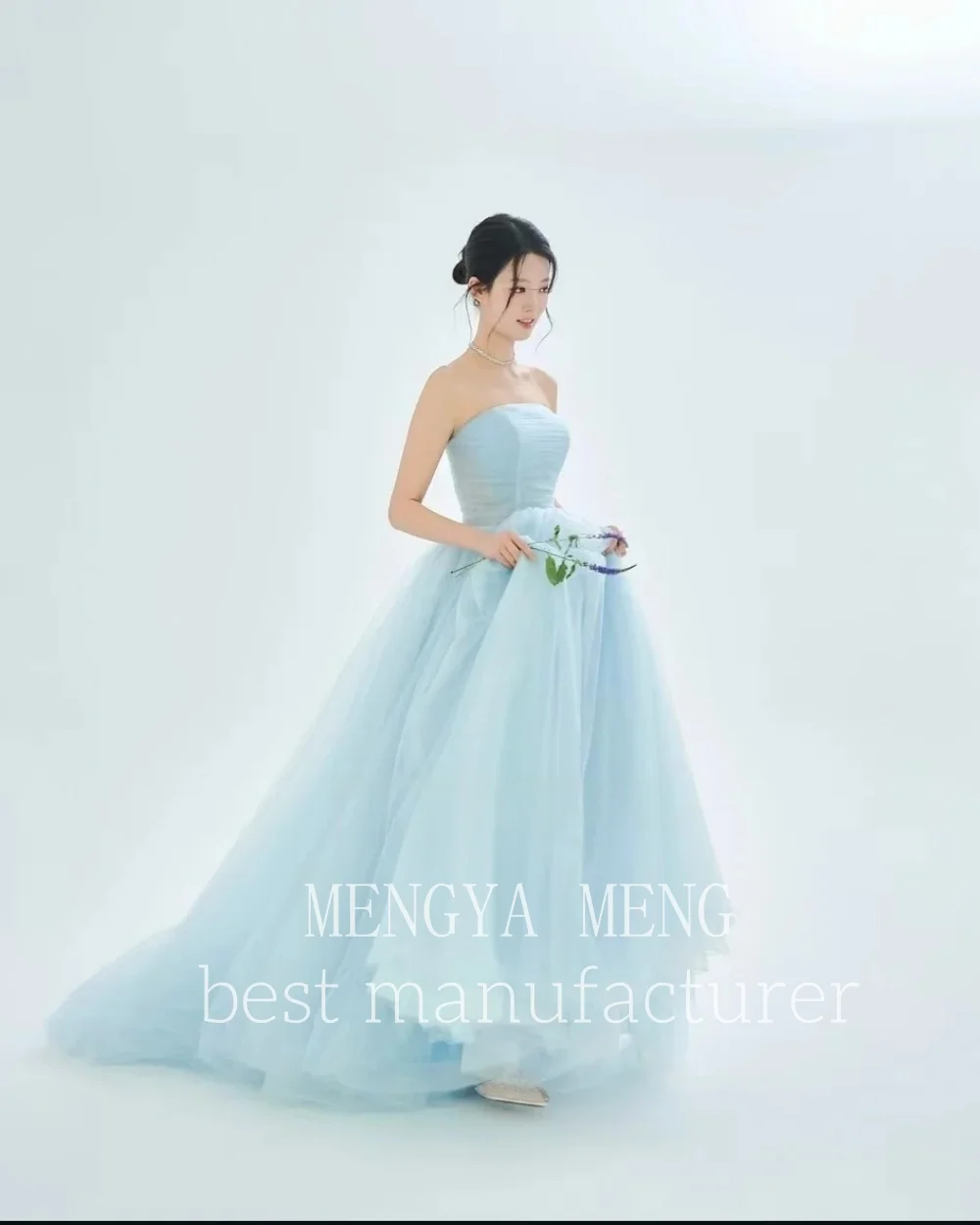 ZHUISHU Fresh Light Blue Tulle Strapless Evening Gown Princess Style 웨딩드레스 Korean Photo Shoot Bridal Gown Party Dress Customized