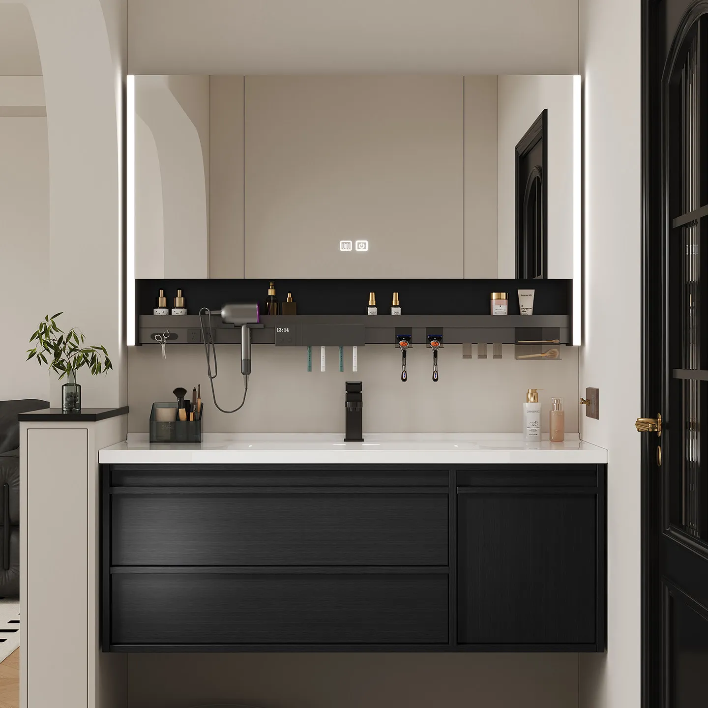 

Modern solid wood black bathroom mirror cabinet multi-functional bathroom with electric hair dryer socket