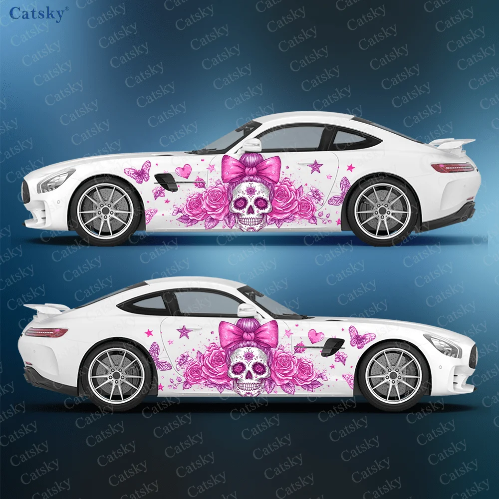 

Pink Bow Tie Skull Rose Car Side Sticker Decor, PVC Waterproof Scratch Resistant Decal, Car Protection, Auto Accessories Gift