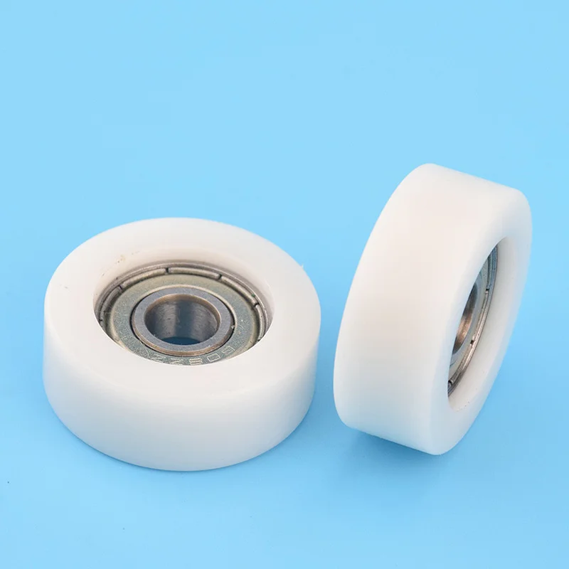 8*32*12mm embedded 608zz bearing, wrapped rubber, POM/ nylon bearing pulley, flat roller  pulley wheel