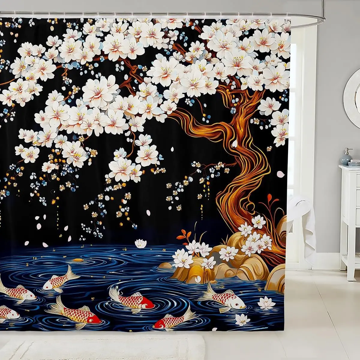 

Japanese Style Shower Curtain,Cherry Blossoms and Koi Fish Bathroom Curtain for Kids Teens Adult Room Decor,Ukiyoe Art Painting