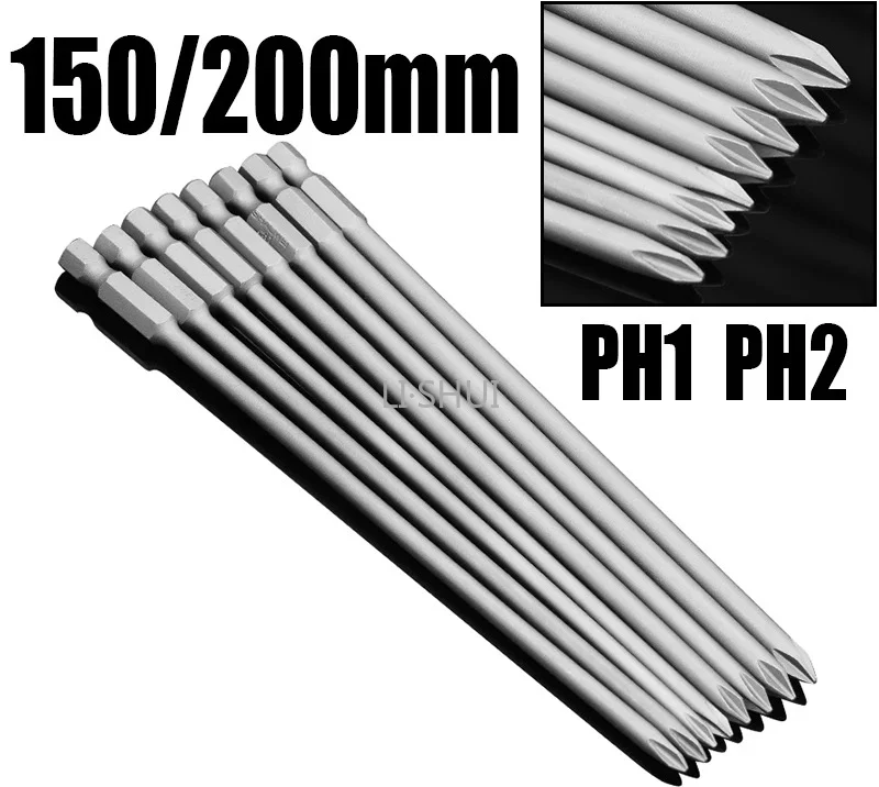 1PCS 150/200mm Electric Phillips Screwdriver Bit PH1 PH2 Strong Magnetic Batch Head Extended Cross Screwdriver Bit Impact Driver