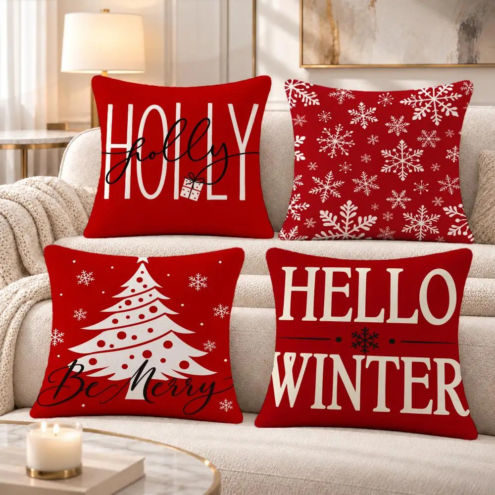 Holiday Modern Hello Winter Christmas Signs Cushion Cover Soft Short‑Plush Pillowcase, Sofa Bedroom Home Decor, Holiday Gift