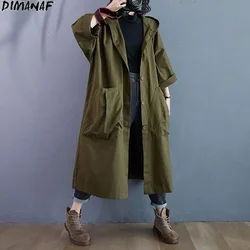 DIMANAF Plus Size Women Jacket Coat Outwear Hooded Button Pockets Cardigan Female Clothing Loose Oversize Autumn Thin Overcoat