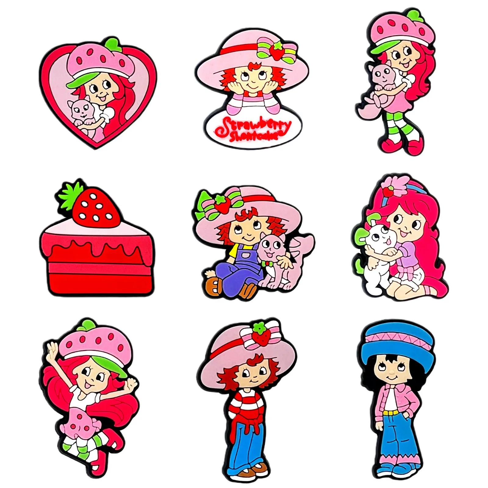9PCS Pink Strawberry Girl Shoe Charm Mix Wholesale PVC Decoration Buckle Detachable DIY Waterproof To X-mas Gift