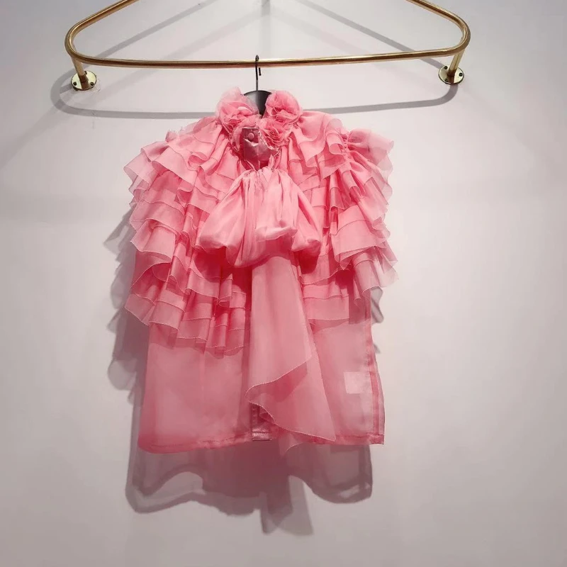 INS Super Popular Sleeveless Blouse Women's Clothing Summer New European and American Sexy Top Flower Bow Chiffon Shirt Slim