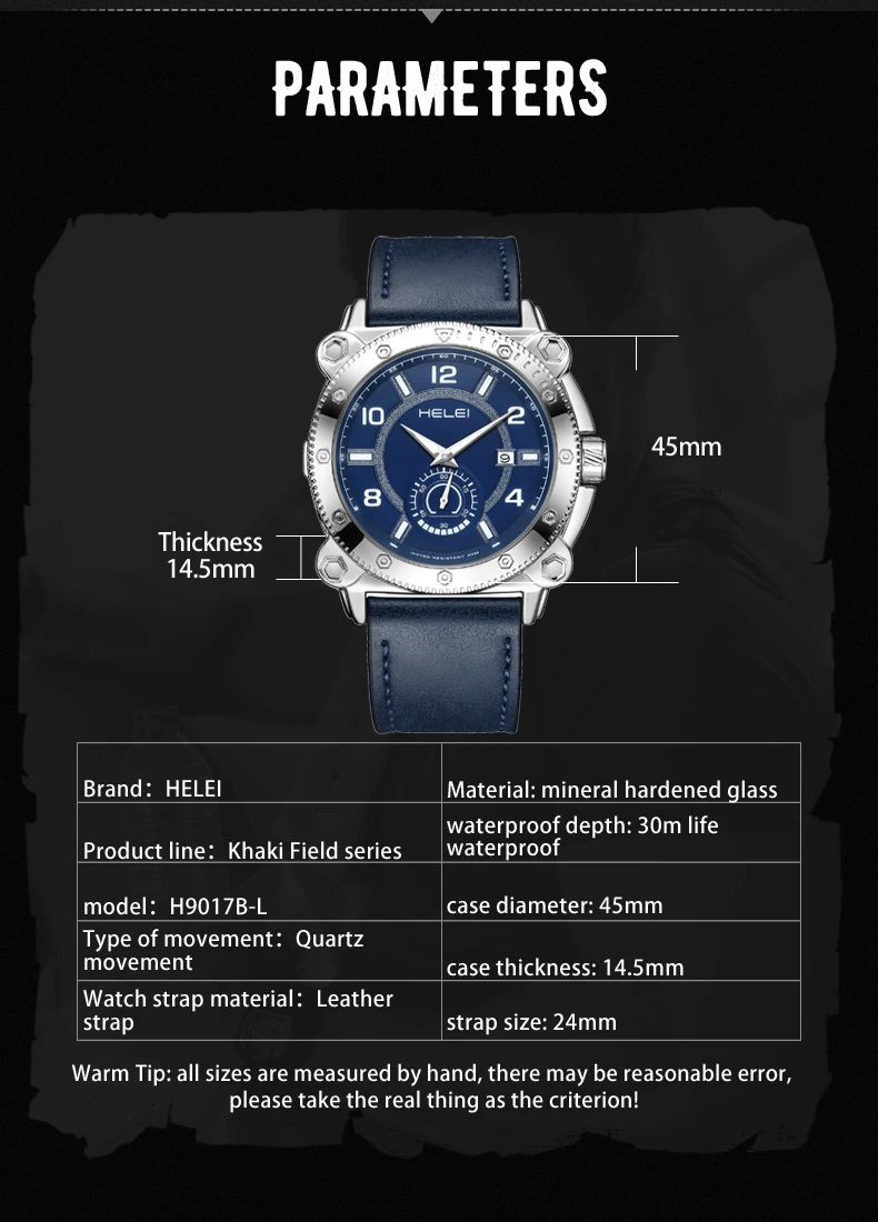 ساعة يد كوارتز كاجوال رياضية جديدة من HELEI بحزام جلدي للرجال