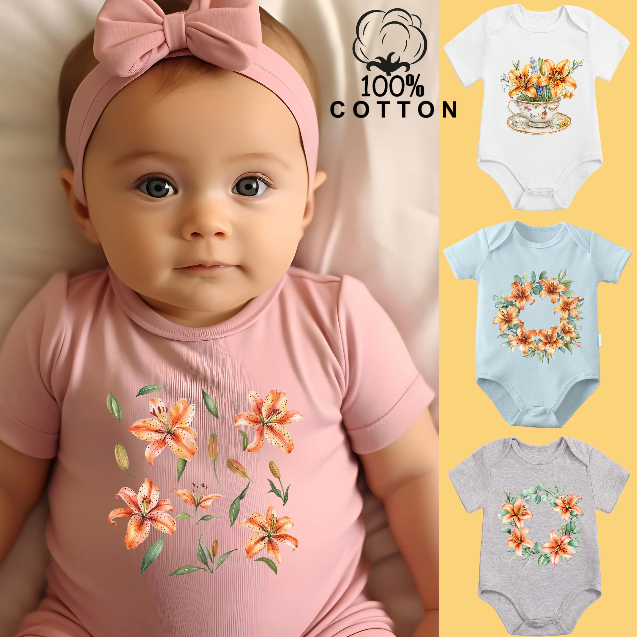 

Комбинезон из чистого хлопка для новорожденных с принтом «Красивая лилия», удобный тканевый комбинезон для малышей от 0 до 12 месяцев