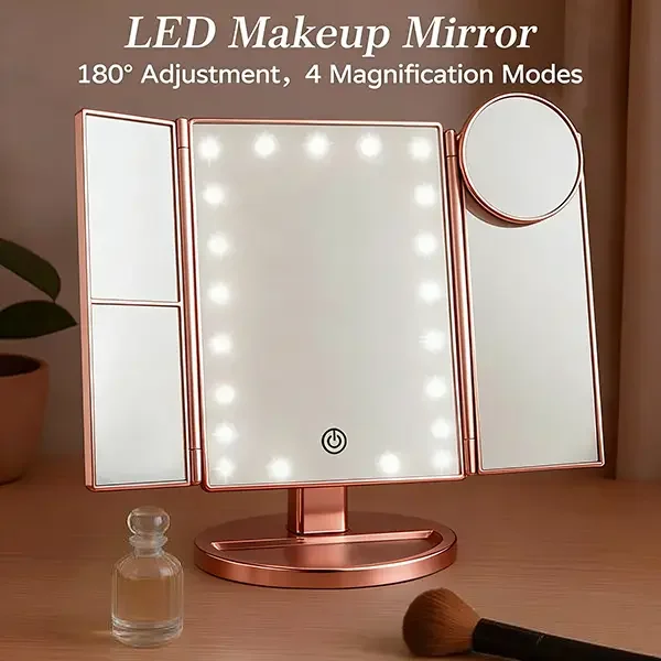 Makeup Mirror with Lights, Trifold, 10X Magnification, Touch Screen, Adjustable Brightness, for Bathroom Women Gift