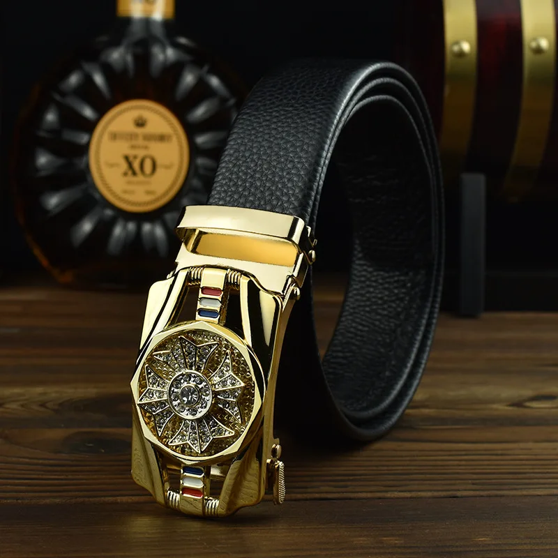 Man Automatic Buckle Leather Belt High Quality Men Business Belt Golden Waist Buckle Rhinestone Decoration Males Luxury Belt