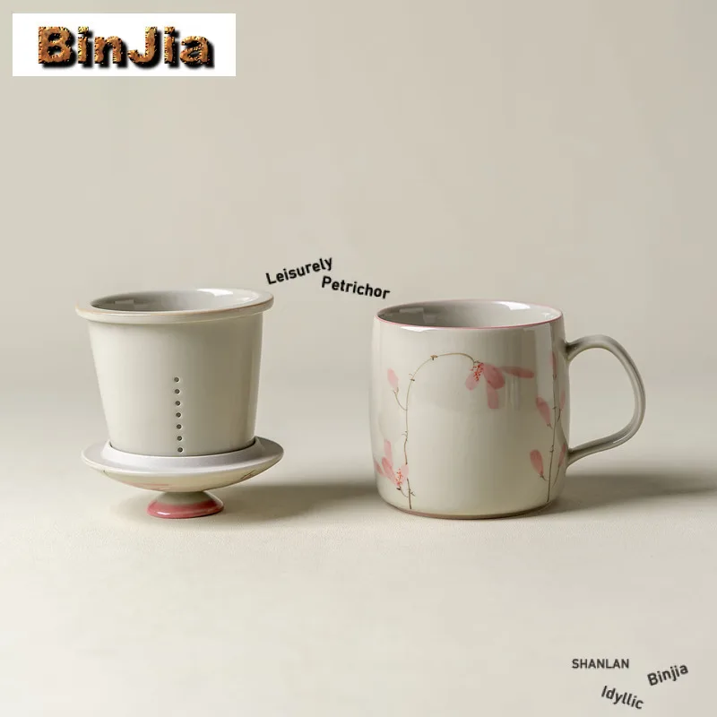 340ml Hand-painted Pink Magnolia Filter Tea Separator Cup Boutique Tea Mug With Infuser Household Tea Maker Office Water Cup