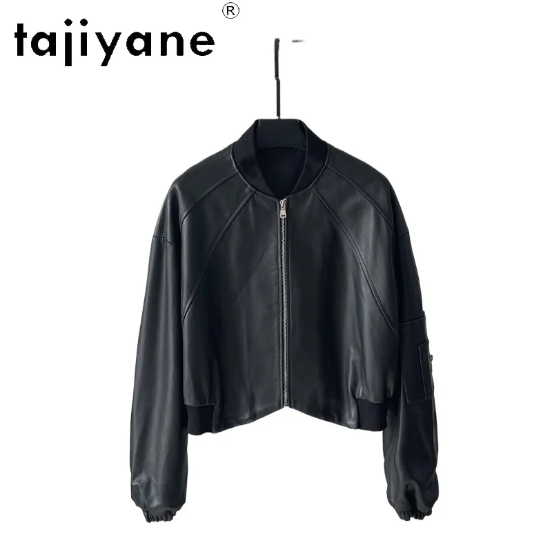 TAJIYANE Genuine Sheepskin Leather Jacket Woman Short Moto Jackets Ruched Sleeves Baseball Coat for Women Clothing 2026 Autumn