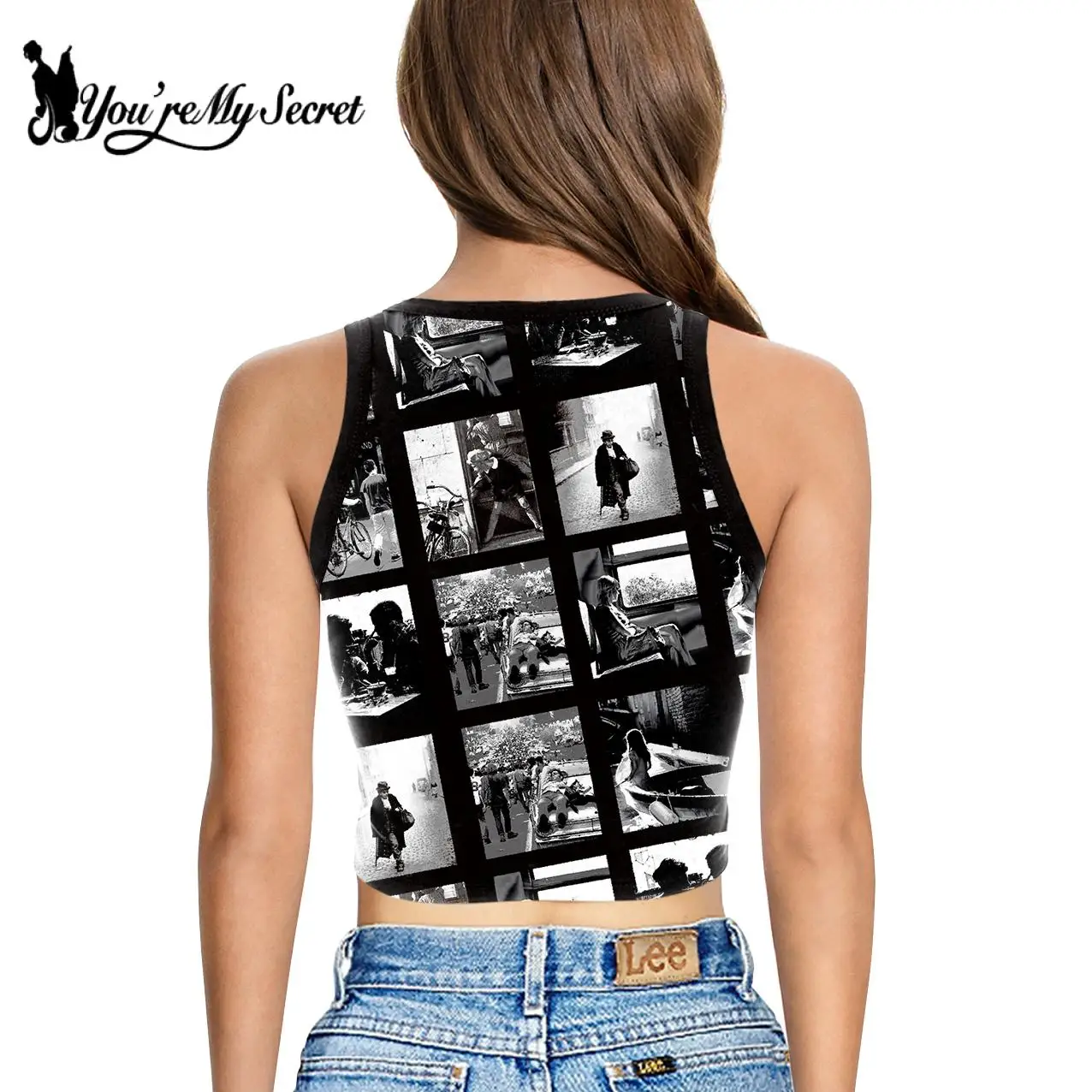 [You're My Secret] Summer Fashion Women Crop Top Black Sleeveless Tank Tops Streetwear Ouija Gothic Style Print Tights Vest