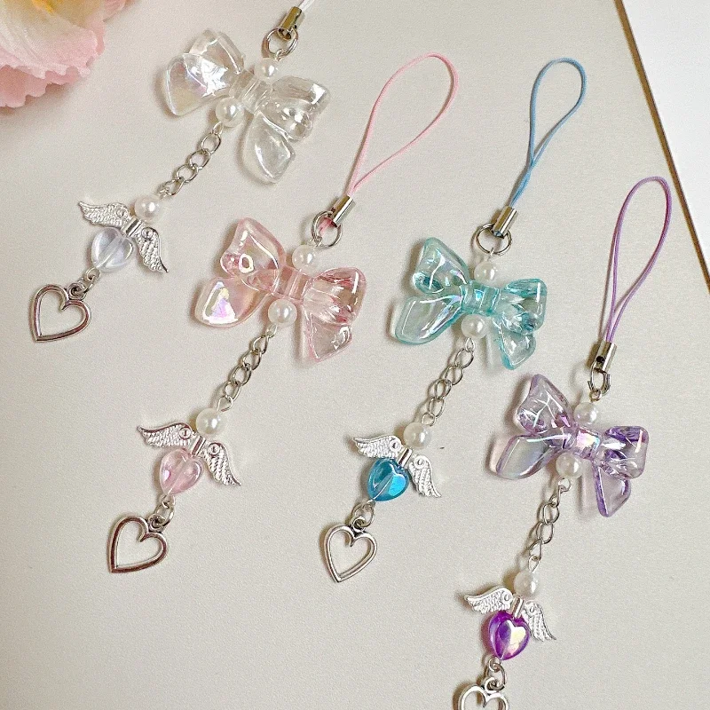 LLavero de estrella con lazo Y2K para funda de teléfono, bonito lazo Kawaii, colgante de amor, cadena, abalorio para teléfono, estrella rosa, corazón, cordón móvil para chica