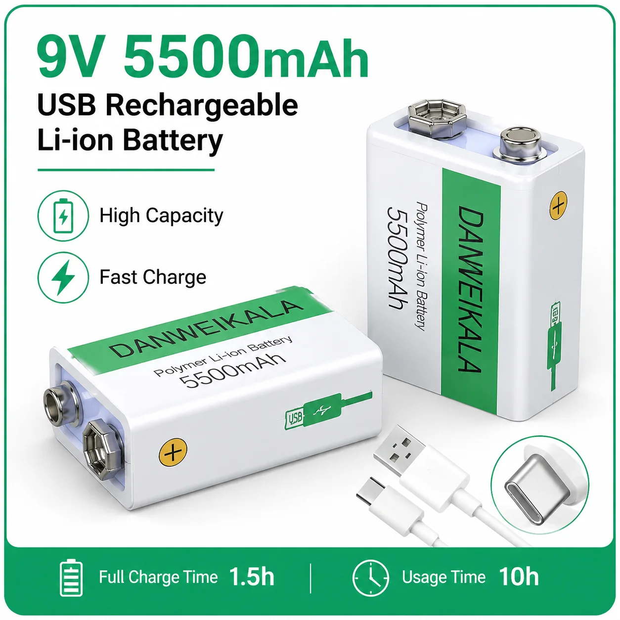 Large Capacity 9V 5500mAh USB Rechargeable Li-ion Battery with Charging Cable for Camera & Electronic Equipment