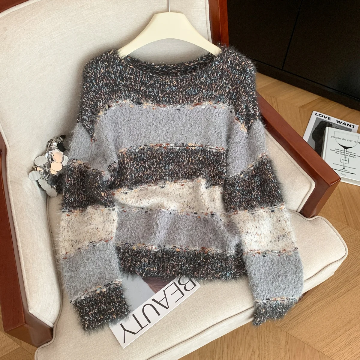 المرأة البني س الرقبة البلوز مخطط الموهير سترة Y2k خمر 2000s أنيقة البلوز متماسكة طويلة الأكمام سترة الخريف الشتاء 2025