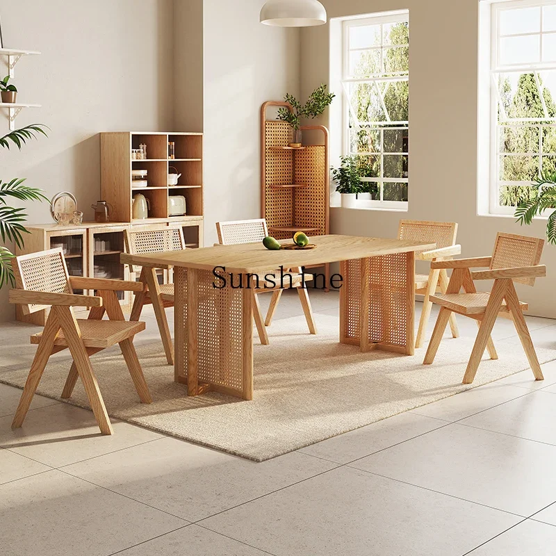 

Solid wood rattan rectangular dining table and chair combination