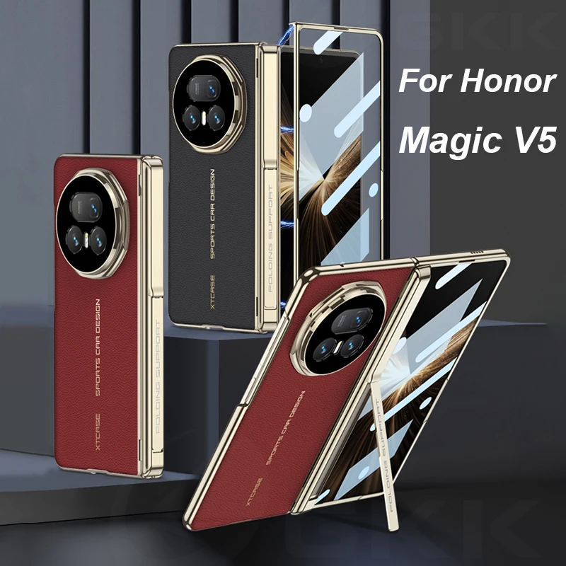 

Magnetic Hinge Stand PU Leather Case For Honor Magic V5 For Magsafe Charge Screen Glass Protective Cover For Honor Magic V5 Case