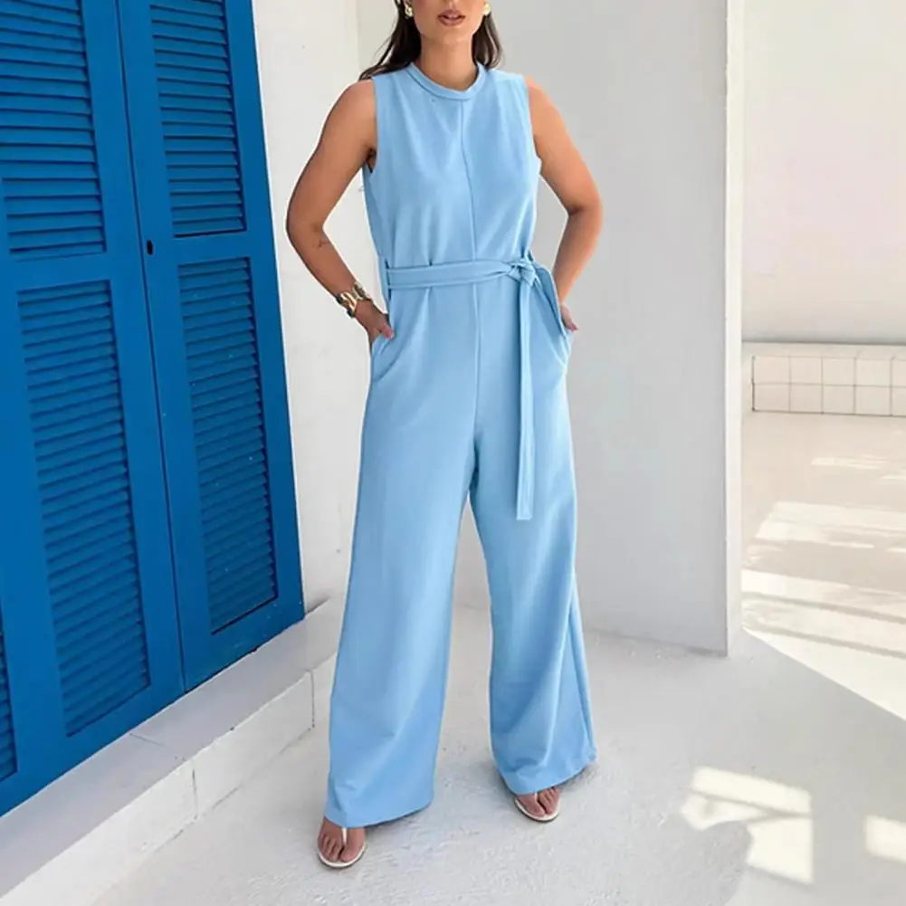 Women Commuting Jumpsuit Loose Solid Color Wide Leg Sleeveless Belted High Waist Jumpsuit O Neck Full Length One-piece Outfit fo