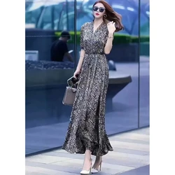 2024 Short Sleeve New Summer Printed Dress with Floral Patterns Waist Cinching Slimming Fashion High Waist arge Swing Long Skirt