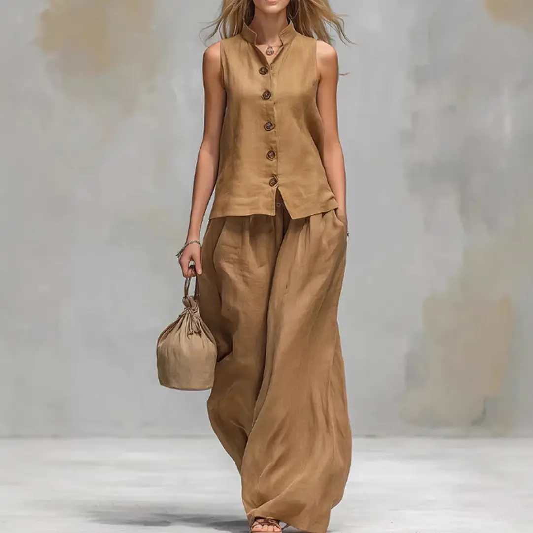 

Outfits For Women 2 Piece Set Single-breasted Vest Pocket Solid Color Top Women Pocket Wide-leg Trousers Women's New Summer Suit