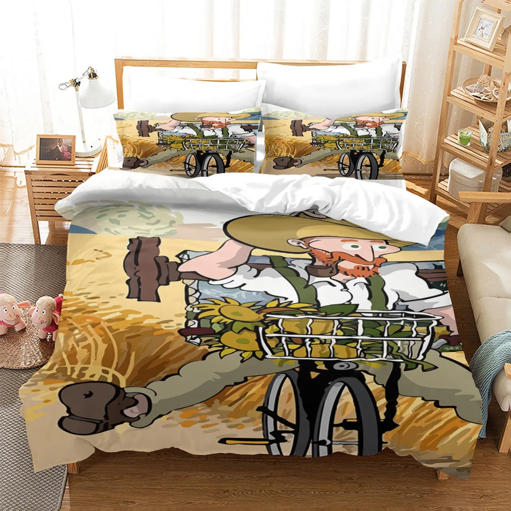 Van Gogh Ink Painting King Queen Duvet Cover Abstract Art Bedding Set for Kids Teens Adults Yellow Moon Polyester Quilt Cover