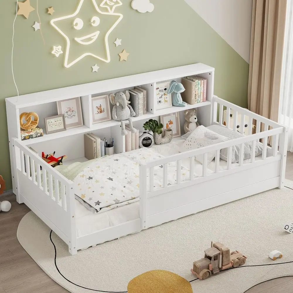 

Twin Size Wooden Floor Bed with Bookcase, Storage Shelves, and Safety Rails for Kids, No Box Spring Needed, White