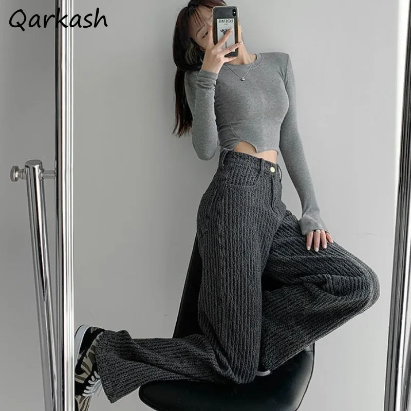 

High Waist Jeans Women Solid Knitted Wide Leg College Girls Autumn New Korean-style Loose Leisure All-match Streetwear Trendy