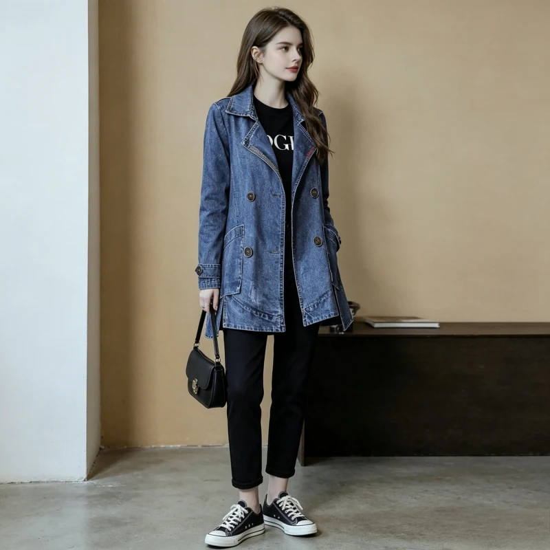 Coat Women Denim Coats Mid Length Lapel Jackets Buttons Full Sleeve Vintage Solid Y2k Streetwear Work Casual Washed 2026 Summer