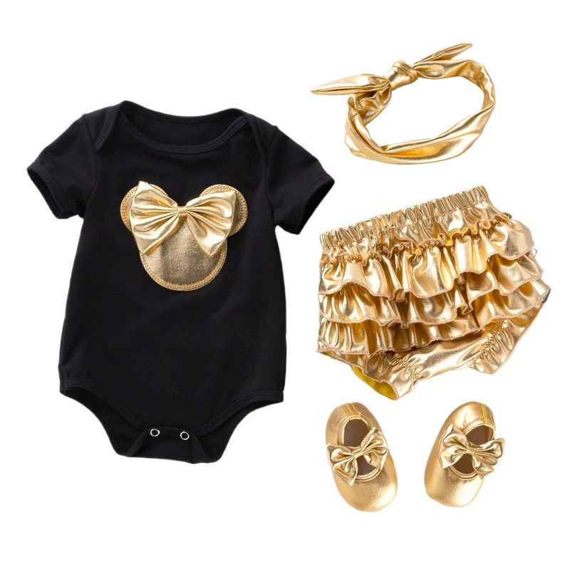 4Pcs Cartoon Baby Outfit Set with Headband,Romper,Pants & Shoes,skin-friendly clothes for full month birthday party wear