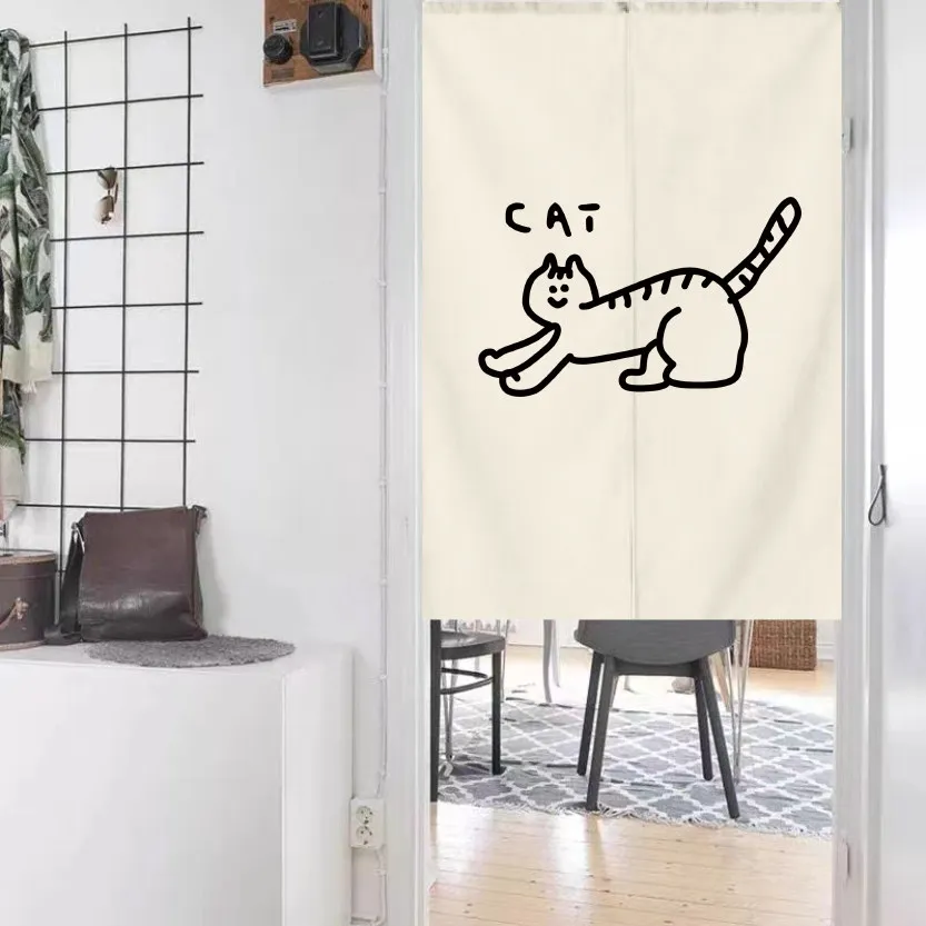 VIKAMA Minimal Single Line Stretching Cat Noren Door Curtain Velcro Punch Free Bedroom Cloakroom Solid Fabric Partition Curtain