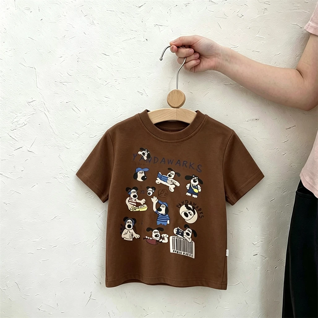 Cartoon Full Printed TShirt Summer Clothes Round Neck Base Shirt Solid Color Versatile Base Shirt Kids Loose Casual Sports Wear