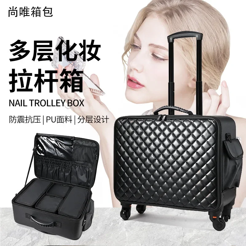 

Large Rolling Cosmetic Trolley Makeup Train Case, Durable Storage Box with Wheels, Hair Styling Tools Organizer for Travel