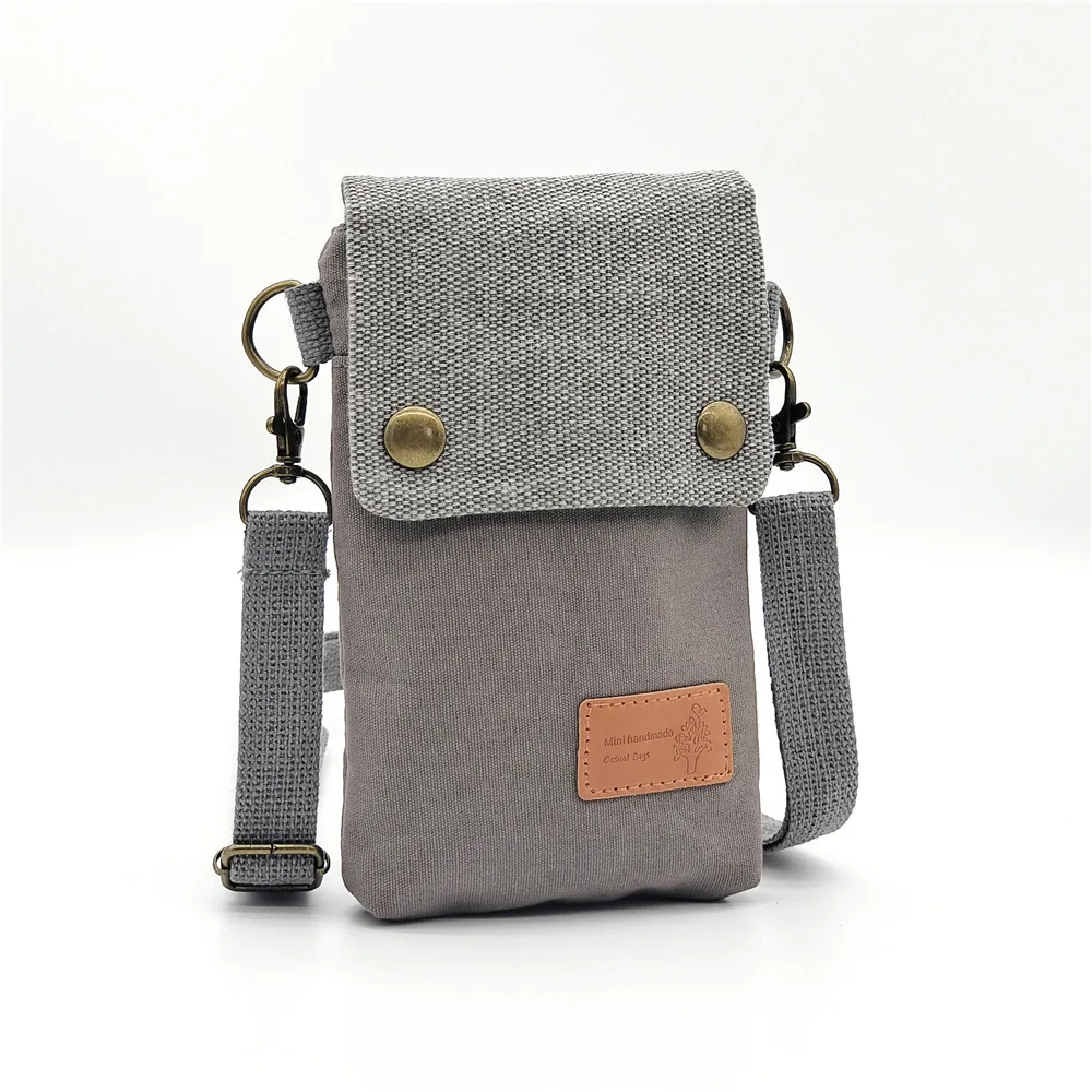 Fashion simple fabric crossbody bag women's solid color canvas 3 layer zipper shoulder mobile phone bag women's purse