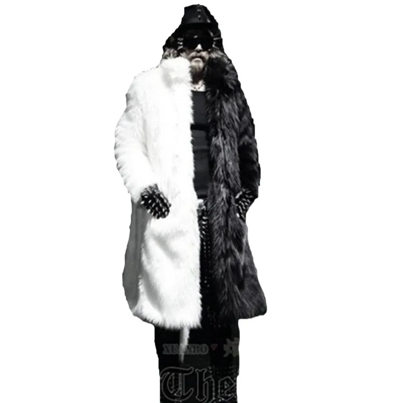 Women's Clothing Winter New Faux Fur Long Coats Trench Coats Men Trends Black and White Colour Blocking Fluffy Jacket Windproof