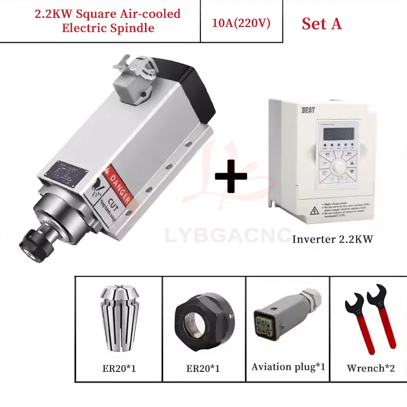 2.2KW Square Air-Cooled Spindle Motor ER20 Flange Fixing 220V 18000 RPM Aluminium Machine Bearings for Drilling Use Spindle
