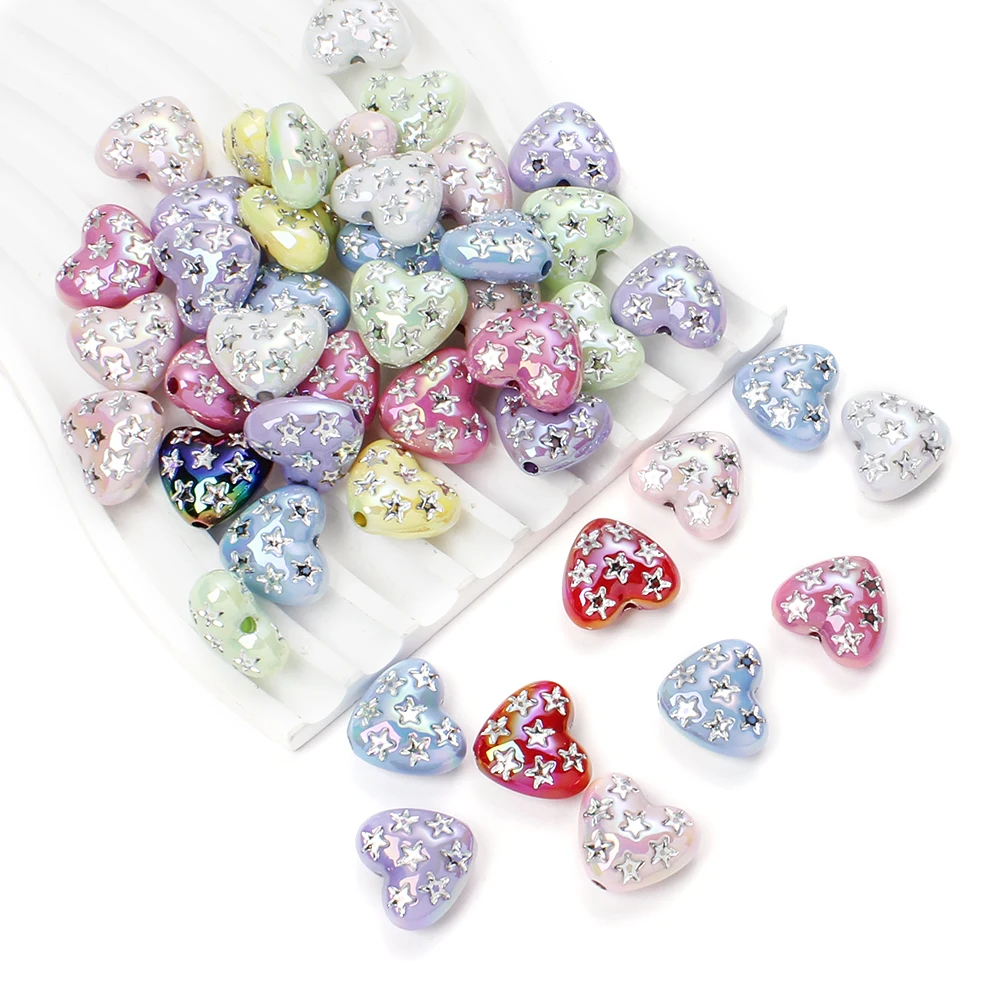 10Pcs Acrylic 3D Love Heart Beads Star Print Focal Beads for Diy Pens Charms Handmade Materials for Making Keychain Hairpin