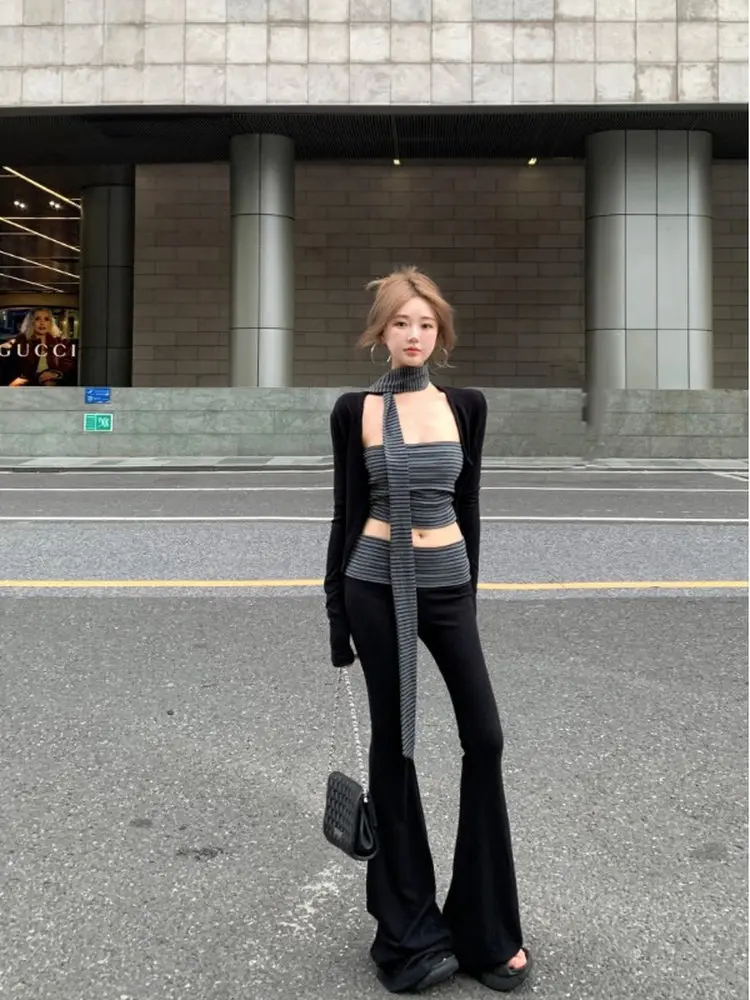 

Kumikumi Spicy Girl Stripe Tube Top Vest Short Black Open Cardigan Women Summer Casual Pants Three-piece Set High Neck Long S...