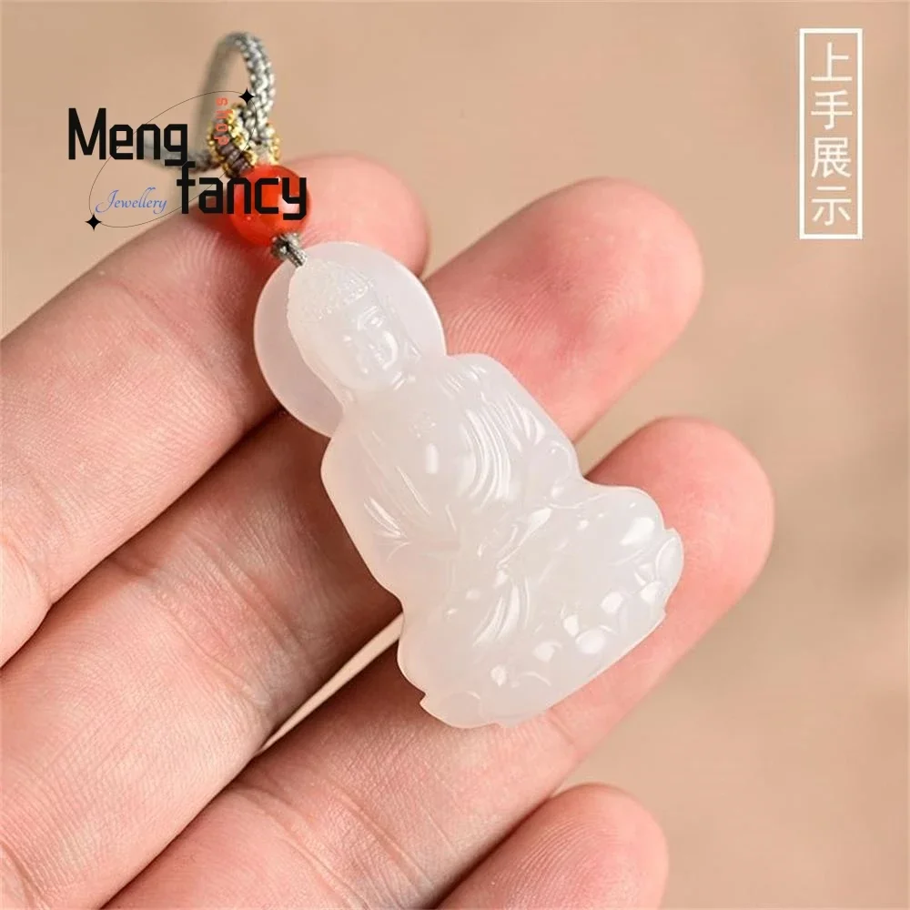 

Natural Hetian White Jade Big Day Tathagata Zodiac Guardian Angel Pendant Buddhist Amulets Exquisite Luxury Jewelry Holiday Gift