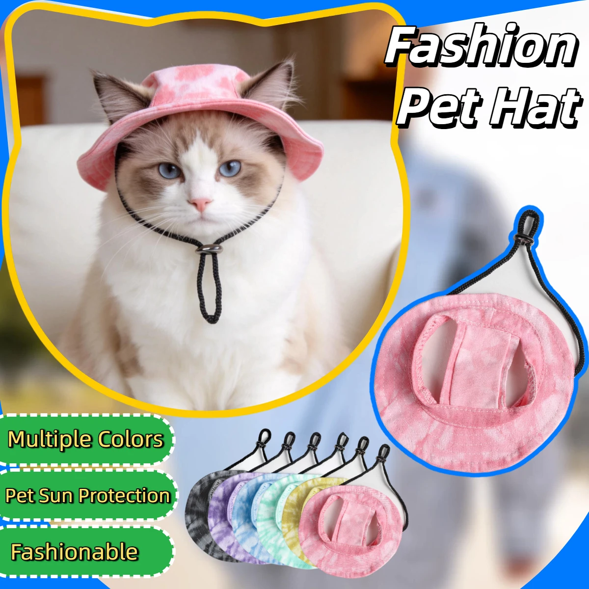 Sun-Shading Anti-Slip Fisherman Hat with Adjustable Drawstring and Ear Exposure Essential for Your Cat's Summer Outdoor Outfit.