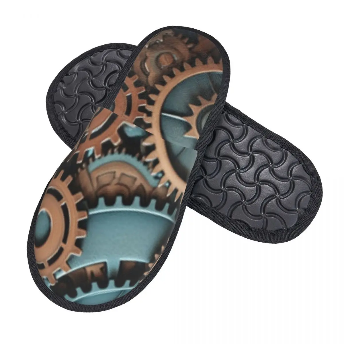 Winter Warm Women Men Plush Flat Indoor Slippers Steampunk Gears Furry Home Non-slip Shoes