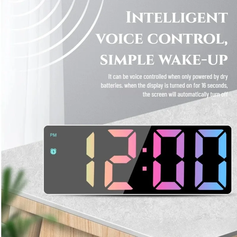 Stylish LED Alarm Clock with Sound Control, Colorful Mirror Design, Adjustable Brightness for Bedroom & Bathroom