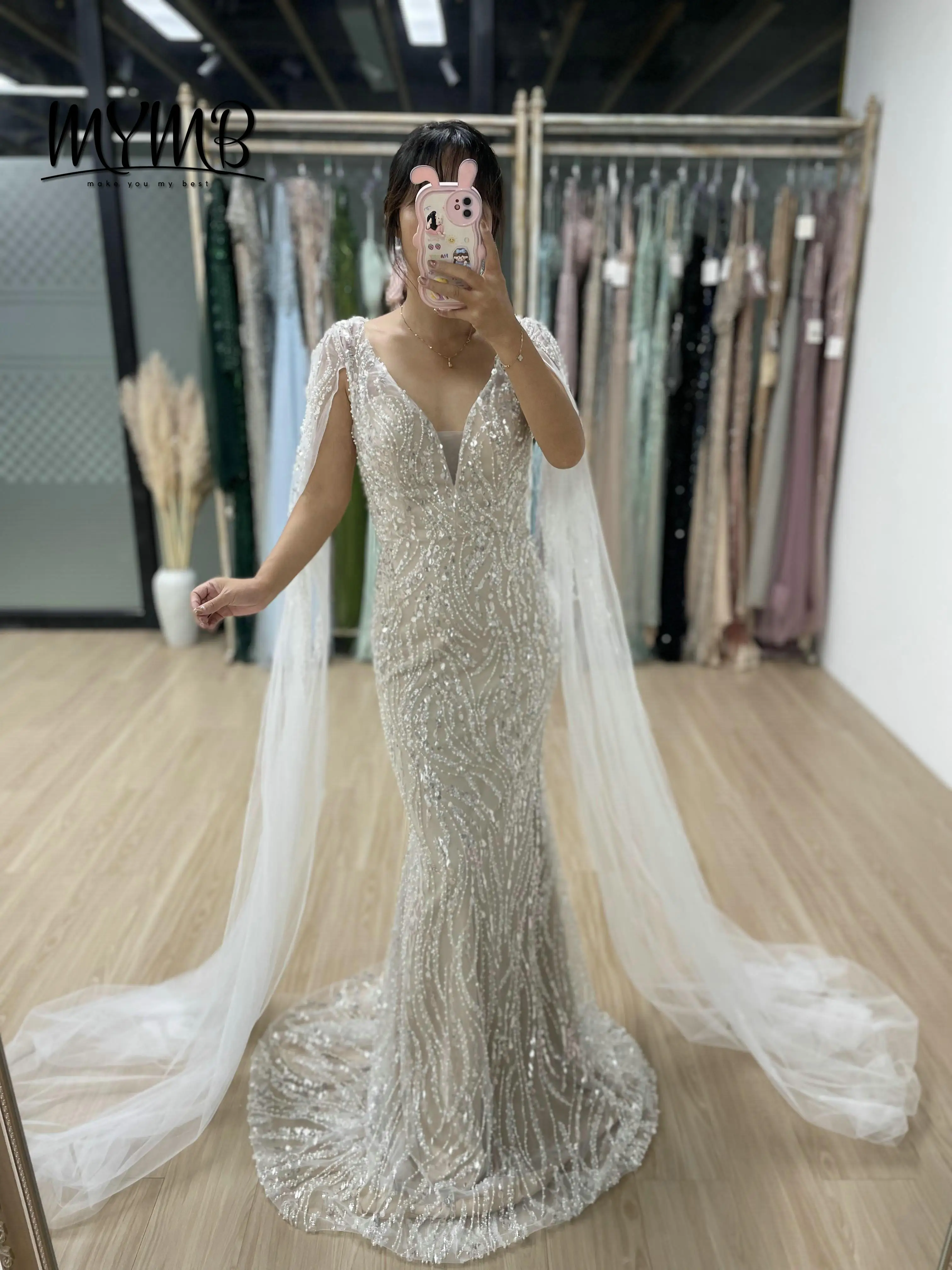 MYMB Luxury Long Cape Sleeves Beaded Sequin Evening Dresses Mother of the Bride Prom Dresses for Elegant Women Plus Size MY30024