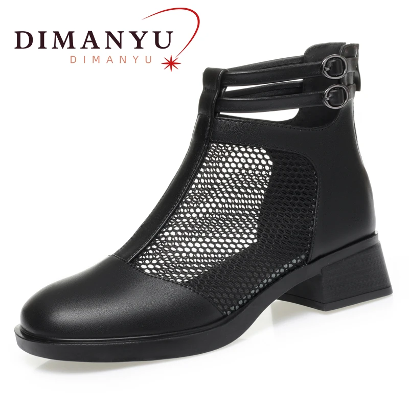 DIMANYU Cool Boots Women's Genuine Leather 2024 Summer Hollow Ladies Sandals Mid-heel Non-slip Plus size Women's Boots