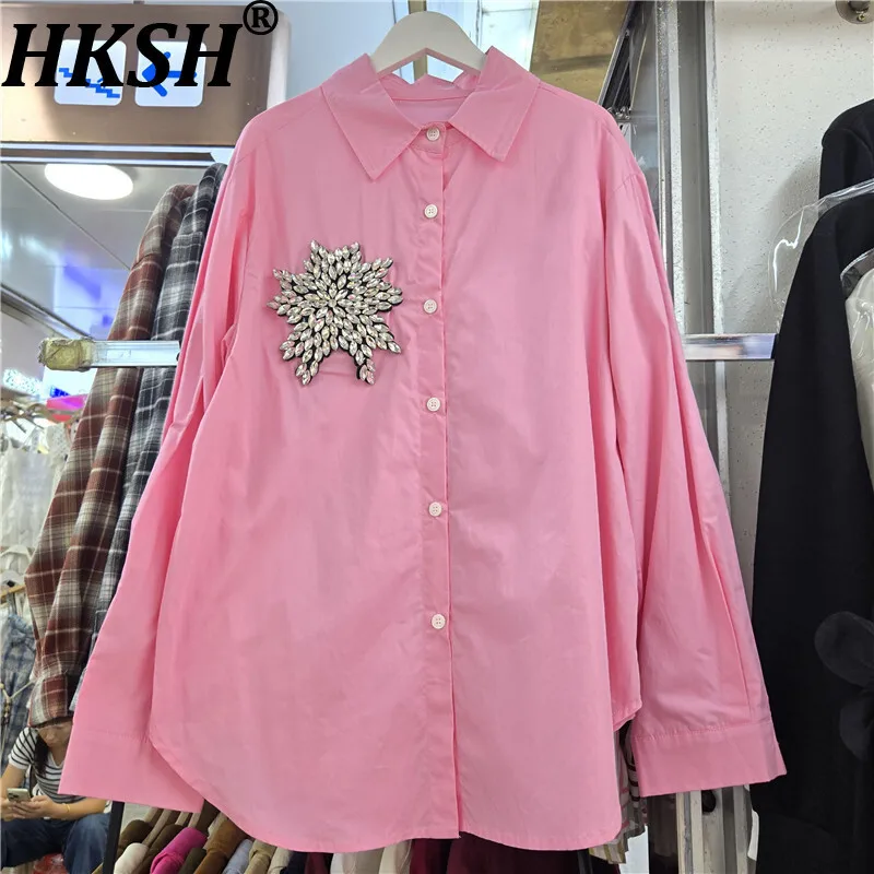 

HKSH Spring Autumn New Women Shirt Heavy Craft Studded Diamonds Turn-down Collar Long Sleeve Elegant Tide Top Ins Blouse HK13283