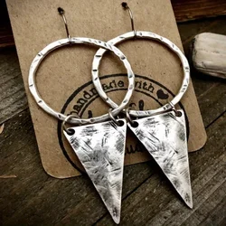 Hypoallergenic Steampunk Triangle Dangly Earrings Large Minimalist hammered silver Color Hook Earrings Gifts For Her