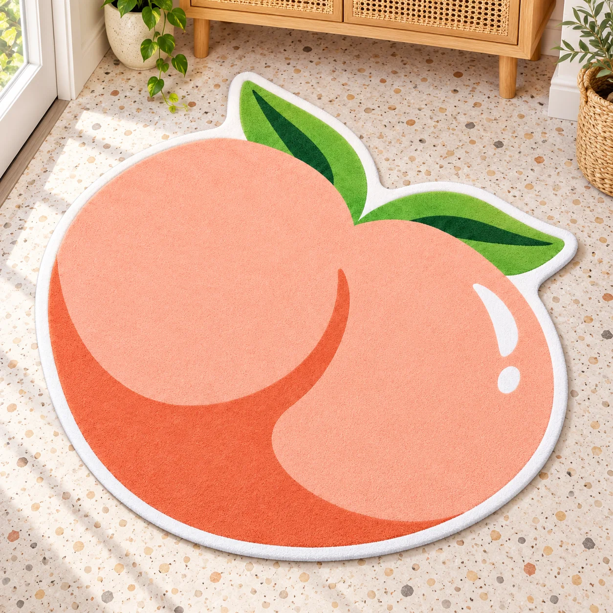Pink Peach Fruit Butt Shaped Area Rug, Pastel Food Floor Mat for Bedroom Dressing Room, Soft Colorful Home Decor Gift