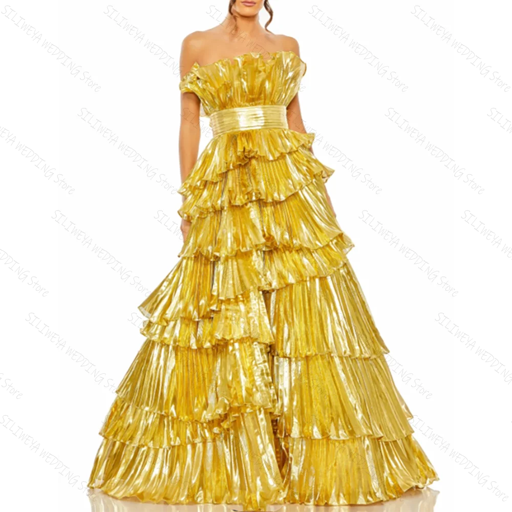 Luxe or multicouche bretelles a-ligne robe De Soirée élégante robe De bal Robes De Soirée Robes personnalisées